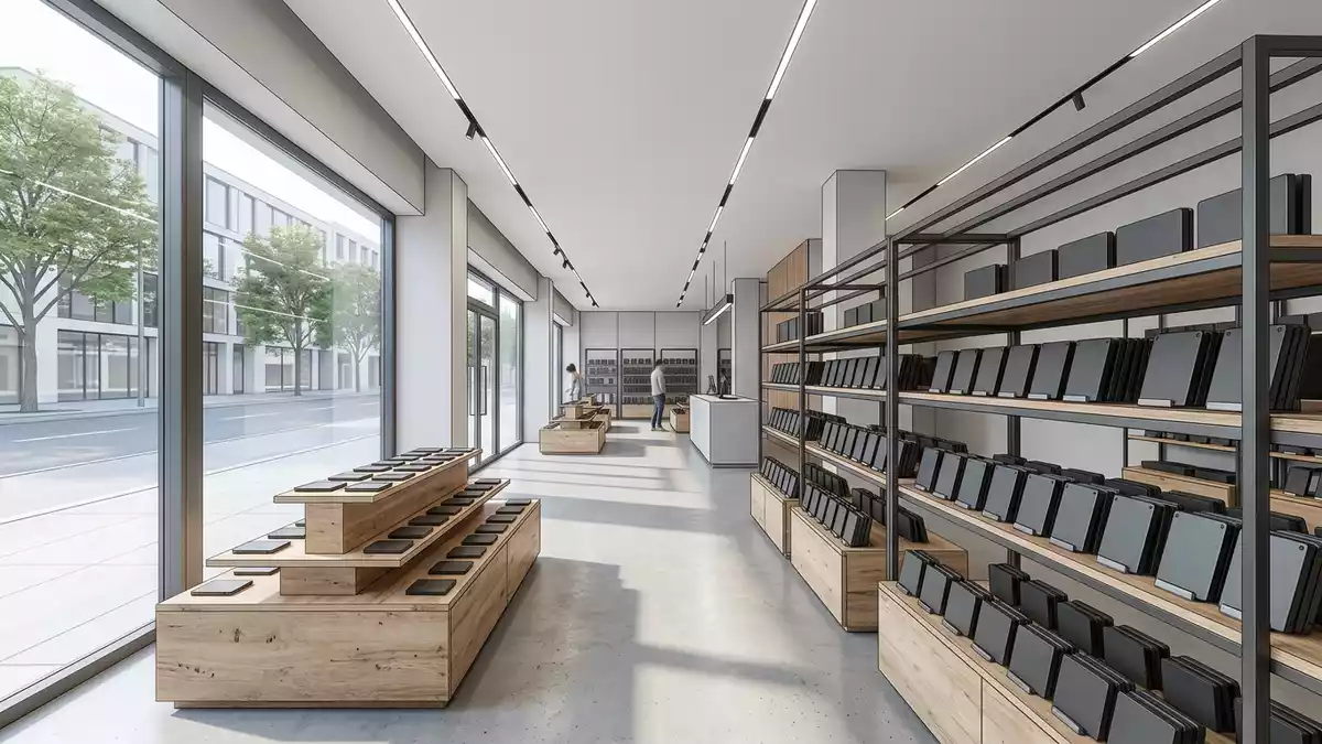 Architektur-Render im Computerfachhandel mit Solid-State-Laufwerk im Ausstellungsbereich