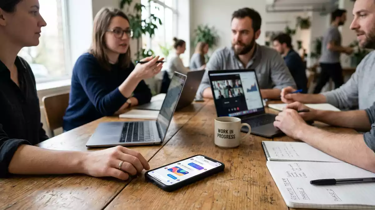 Fotorealistische Ansicht von Messenger-App im Arbeitsalltag in realer Umgebung