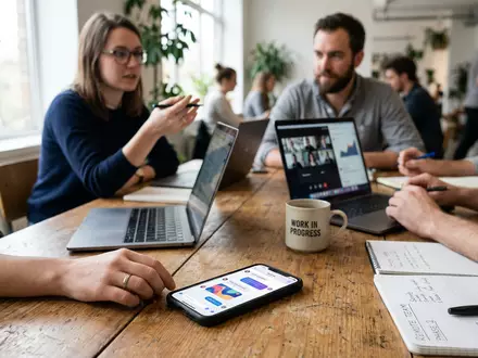 Fotorealistische Aufnahme von Messenger-App im Arbeitsalltag zum Thema Slack Messenger, ISIN US79466L3024, natuerliches Licht - Foto: THN