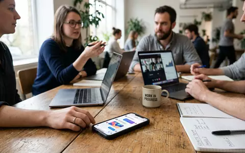 Fotorealistische Aufnahme von Messenger-App im Arbeitsalltag zum Thema Slack Messenger, ISIN US79466L3024, natuerliches Licht - Foto: THN