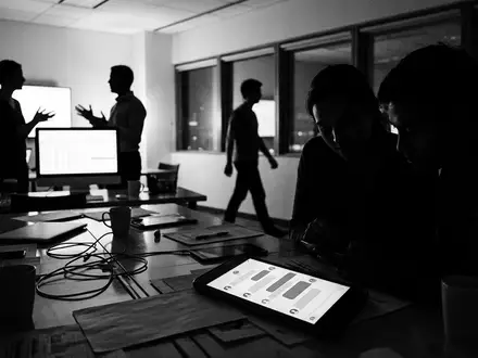 Schwarzweiss-Reportage mit Messenger-App zum Thema Slack Messenger, ISIN US79466L3024, hoher Kontrast, sachlich dargestellt - Foto: THN