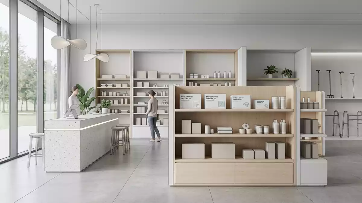 Architektur-Render im Sanitätshaus mit Wundverband im Ausstellungsbereich, neutral