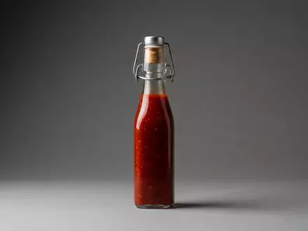 Fotorealistische Studioaufnahme von Chilisauce zum Thema Frank's RedHot Sauce, ISIN US5797802064, klare Lichtfuehrung - Foto: THN