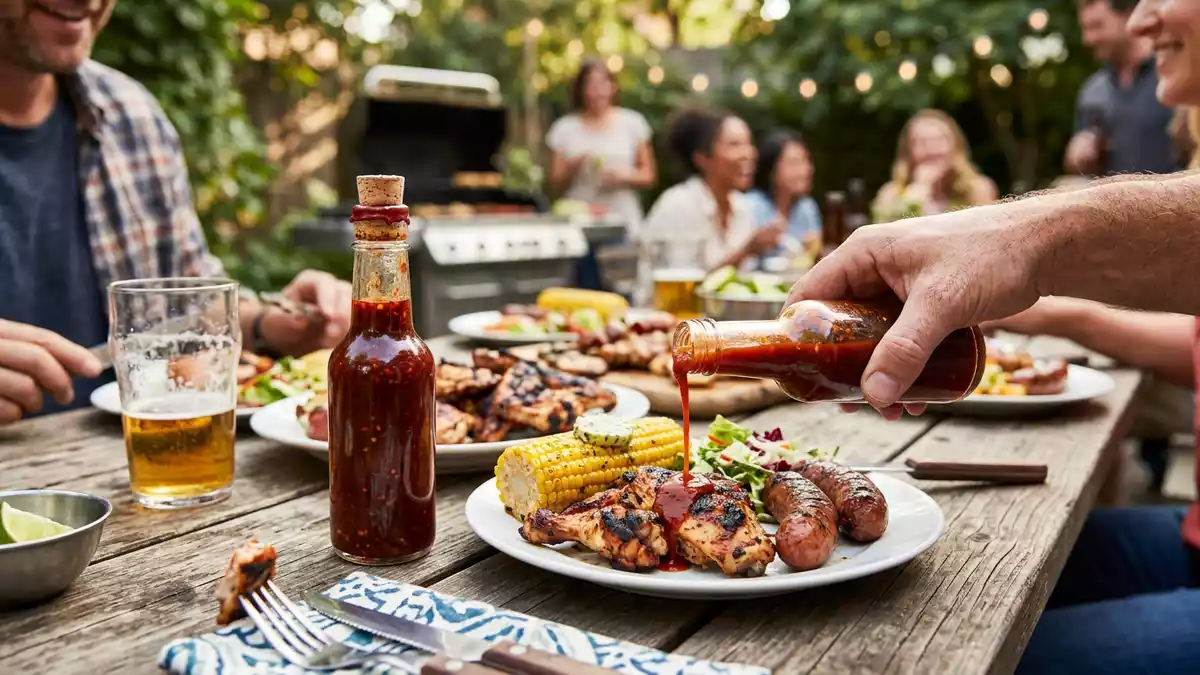 Fotorealistische Ansicht von Chilisauce beim Grillen in realer Umgebung, neutral