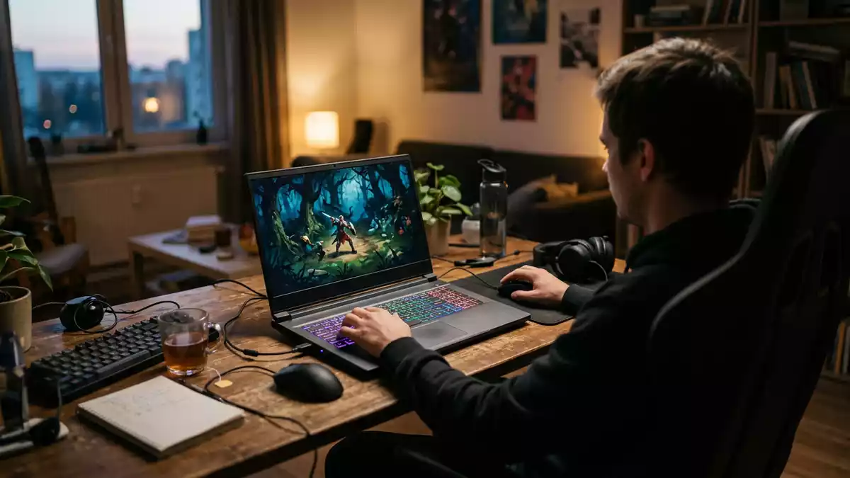 Fotorealistische Ansicht von Gaming-Laptop am Schreibtisch in realer Umgebung, neutral