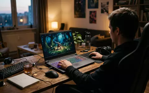 Fotorealistische Aufnahme von Gaming-Laptop am Schreibtisch zum Thema MSI Gaming Laptop, ISIN TW0002377002, natuerliches Licht - Foto: THN