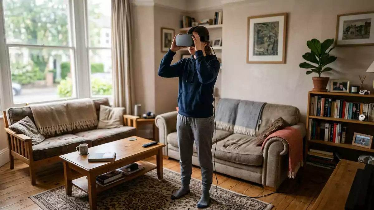 Fotorealistische Ansicht von VR-Headset im Wohnzimmer in realer Umgebung, neutral
