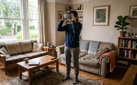 Fotorealistische Aufnahme von VR-Headset im Wohnzimmer zum Thema Oculus Quest 3, ISIN US30303M1027, natuerliches Licht - Foto: THN