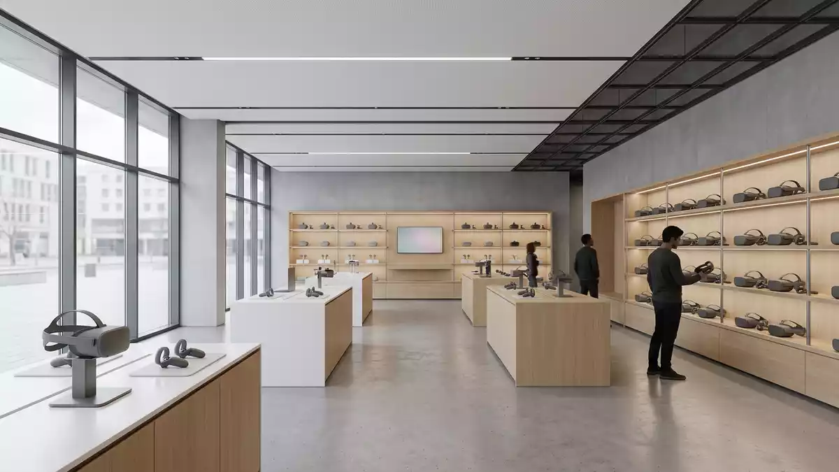 Architektur-Render im Elektronik-Fachmarkt mit VR-Headset im Ausstellungsbereich