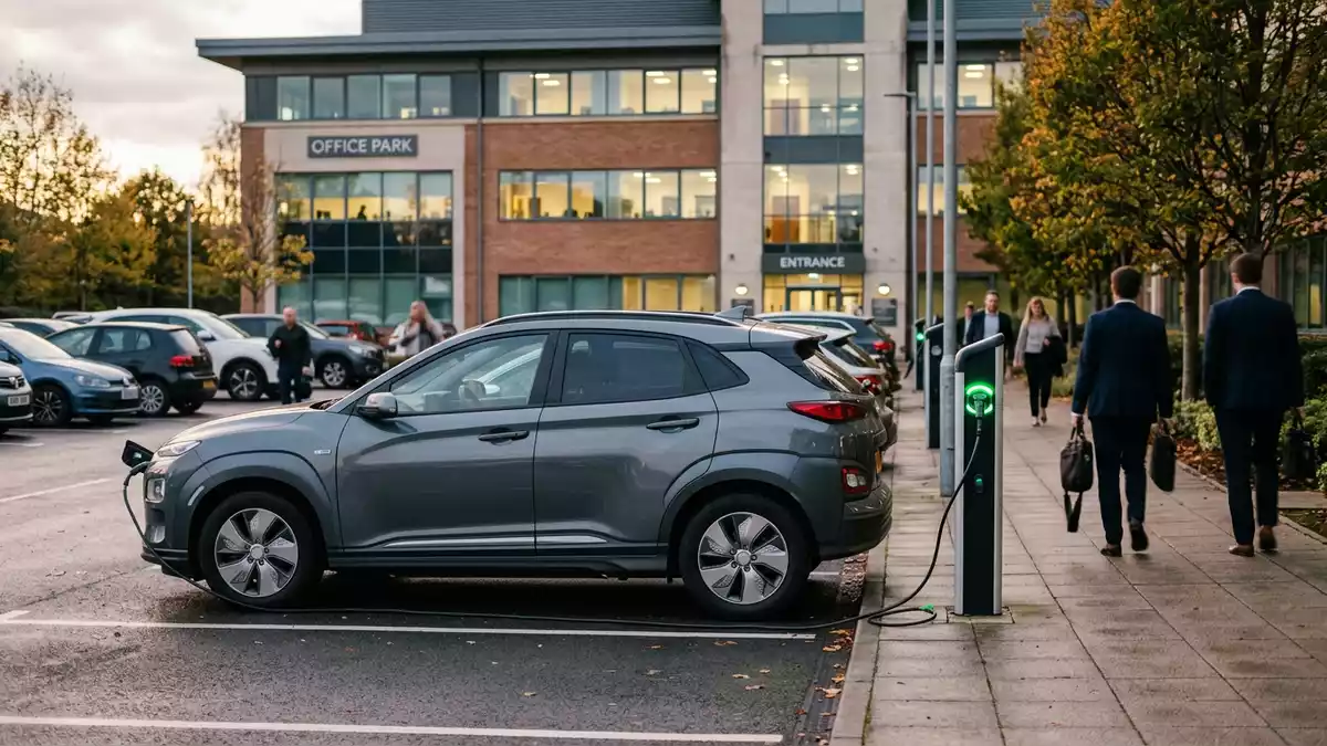 Fotorealistische Ansicht von Elektro-SUV an der Ladesäule in realer Umgebung, neutral