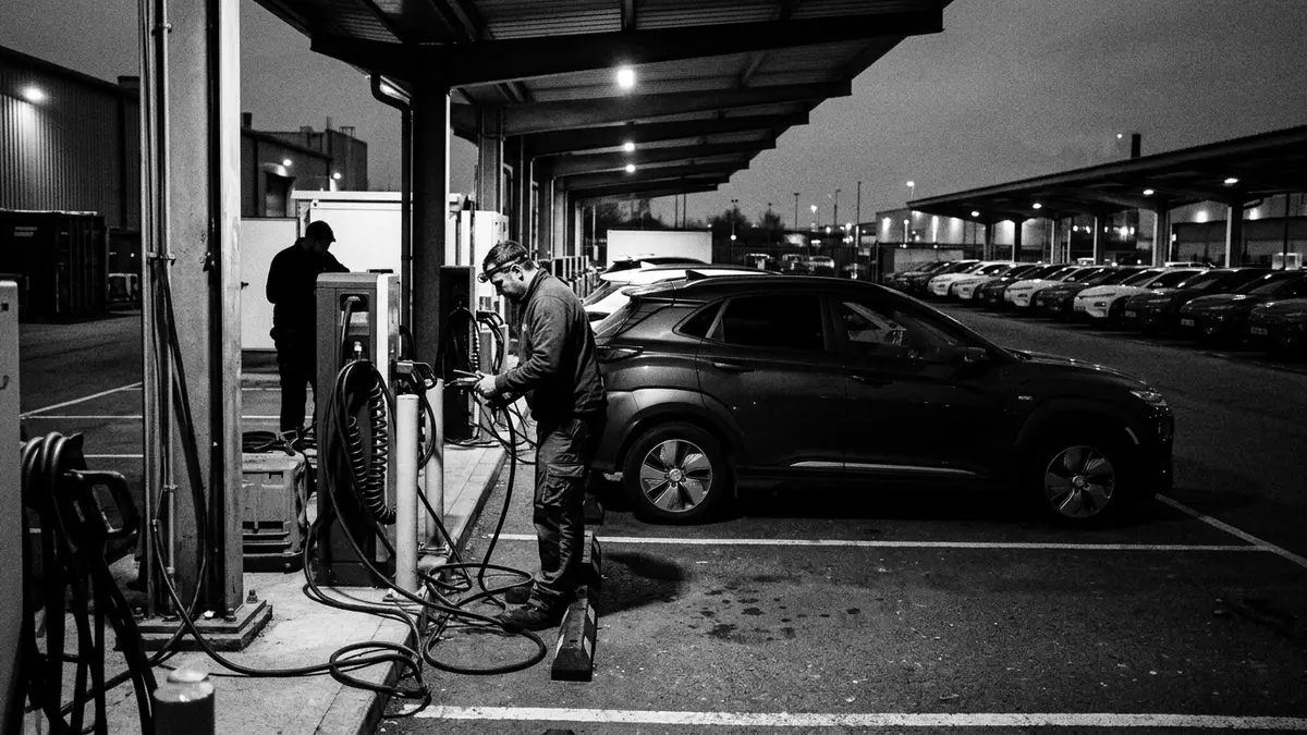 Schwarzweiss-Reportagebild mit Elektro-SUV in dokumentarischer Arbeitsumgebung
