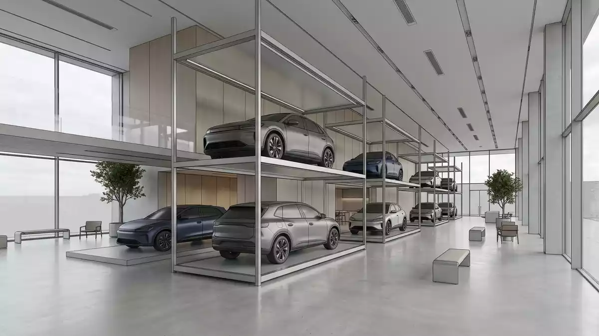 Architektur-Render im Autohaus mit Elektro-SUV im Ausstellungsbereich, neutral