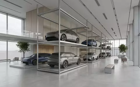 Architektur-Render im Autohaus mit Elektro-SUV zum Thema Mercedes EQA, ISIN DE0007100000, neutrales Tageslicht - Foto: THN