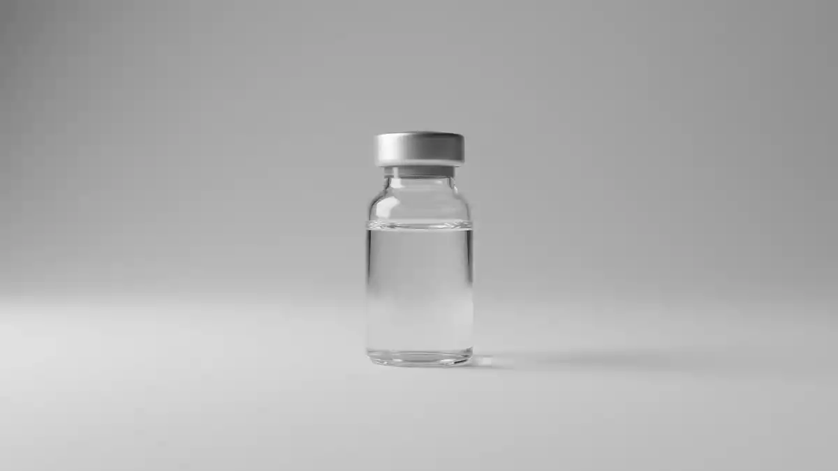 Fotorealistische Studioansicht von Arzneimittelampulle in neutraler Produktdarstellung