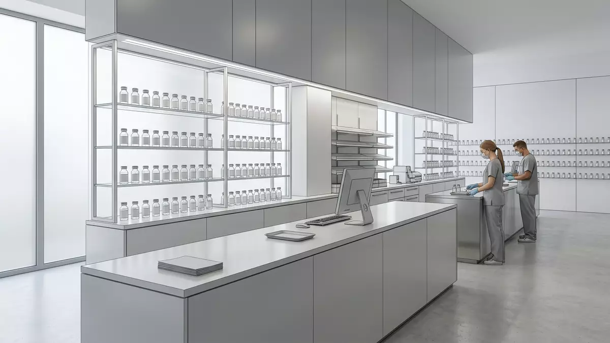 Architektur-Render im Klinikapotheke mit Arzneimittelampulle im Ausstellungsbereich