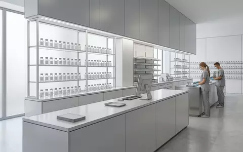 Architektur-Render im Klinikapotheke mit Arzneimittelampulle zum Thema Monjuvi, ISIN DE0006632003, neutrales Tageslicht - Foto: THN