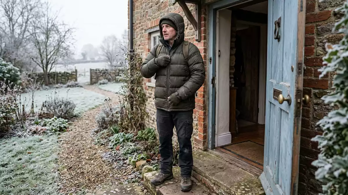 Fotorealistische Ansicht von Daunenjacke bei Kälte in realer Umgebung, neutral