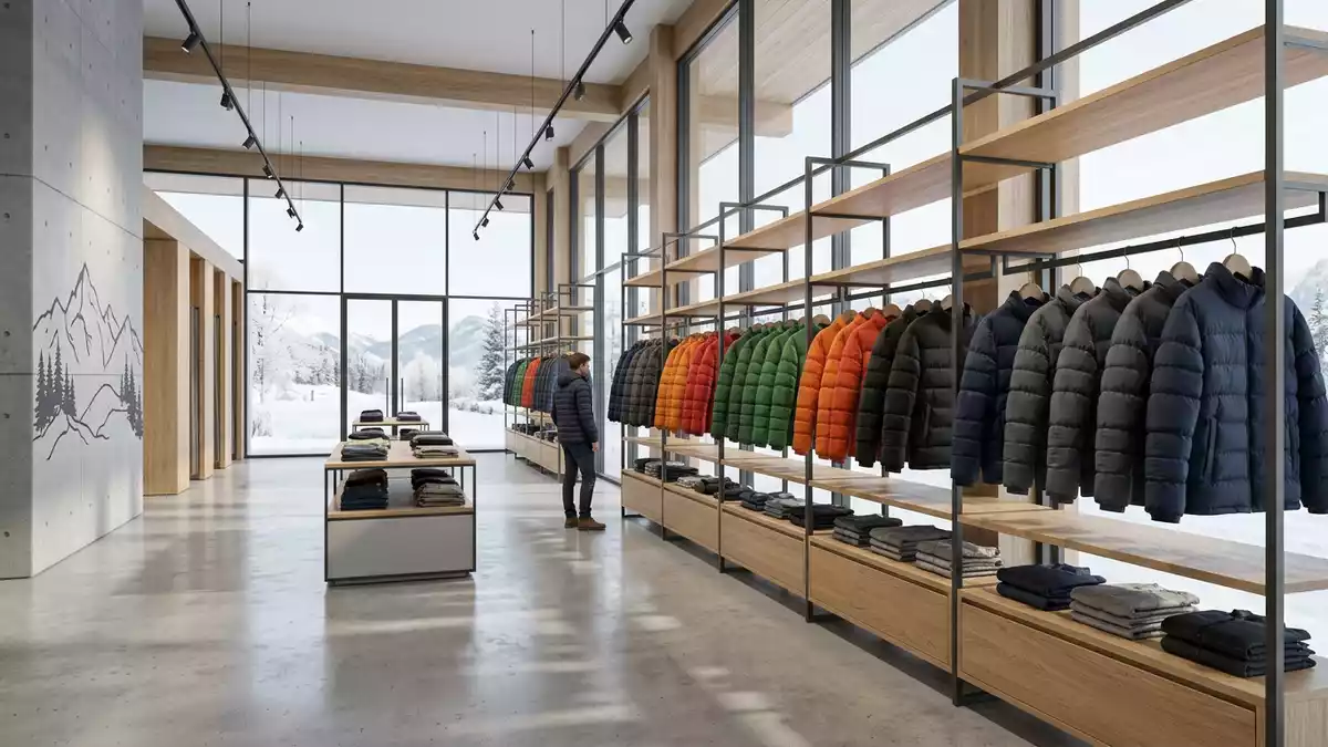 Architektur-Render im Outdoor-Fachgeschäft mit Daunenjacke im Ausstellungsbereich