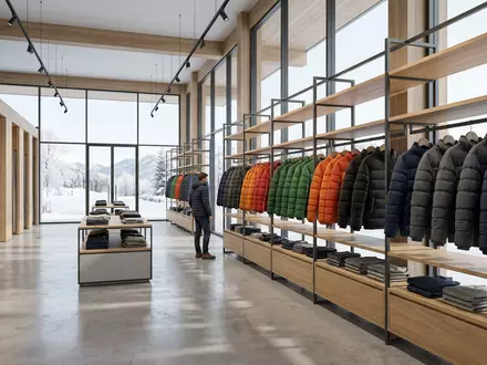 Architektur-Render im Outdoor-Fachgeschäft mit Daunenjacke zum Thema Moncler Daunenjacke, ISIN IT0004965148, neutrales Tageslicht - Foto: THN