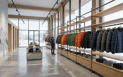 Architektur-Render im Outdoor-Fachgeschäft mit Daunenjacke zum Thema Moncler Daunenjacke, ISIN IT0004965148, neutrales Tageslicht - Foto: THN