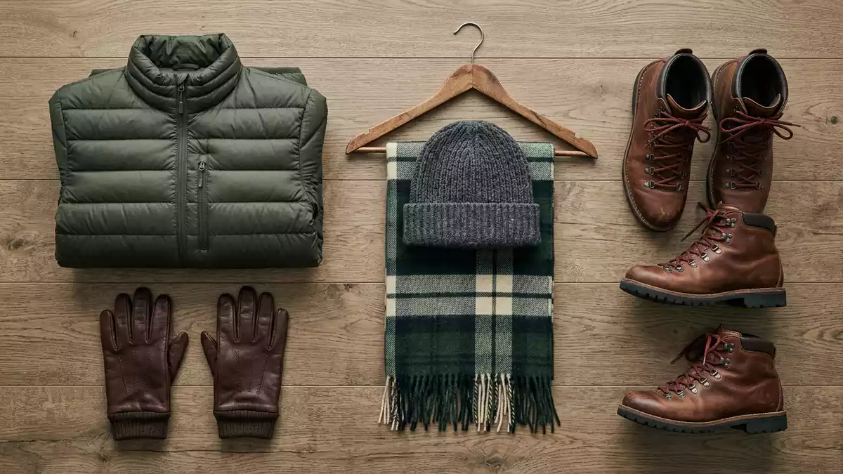 Flatlay-Arrangement rund um Daunenjacke mit passenden Requisiten von oben, neutral