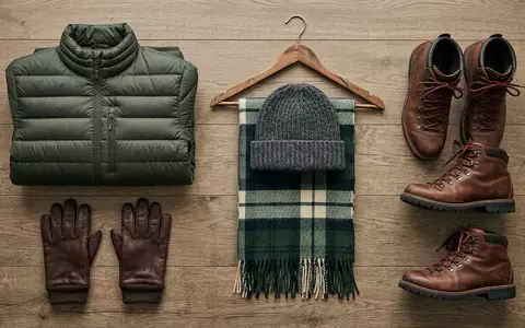 Flatlay-Arrangement rund um Daunenjacke zum Thema Moncler Daunenjacke, ISIN IT0004965148, weiches Oberlicht - Foto: THN
