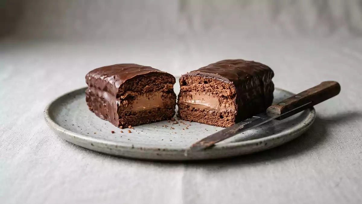 Fotorealistische Studioansicht von Schokoladenkuchenriegel in neutraler Produktdarstellung