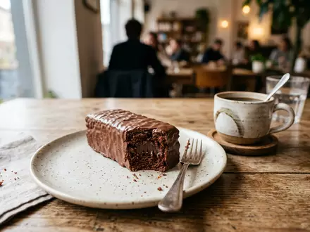 Fotorealistische Aufnahme von Schokoladenkuchenriegel zur Kaffeepause zum Thema Milka Tender, ISIN US6092071058, natuerliches Licht - Foto: THN