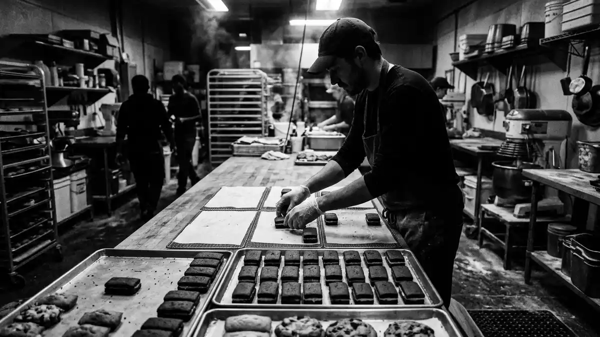 Schwarzweiss-Reportagebild mit Schokoladenkuchenriegel in dokumentarischer Arbeitsumgebung