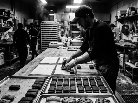 Schwarzweiss-Reportage mit Schokoladenkuchenriegel zum Thema Milka Tender, ISIN US6092071058, hoher Kontrast, sachlich dargestellt - Foto: THN