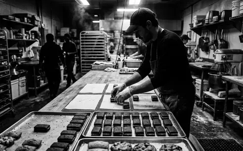 Schwarzweiss-Reportage mit Schokoladenkuchenriegel zum Thema Milka Tender, ISIN US6092071058, hoher Kontrast, sachlich dargestellt - Foto: THN