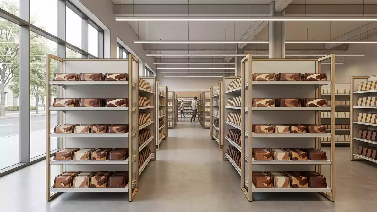 Architektur-Render im Supermarkt mit Schokoladenkuchenriegel im Ausstellungsbereich