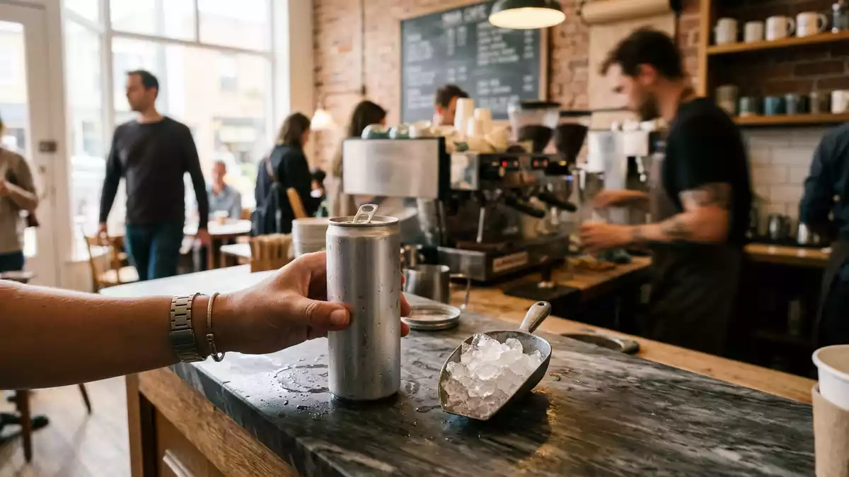 Fotorealistische Ansicht von Energy-Drink im Café in realer Umgebung, neutral