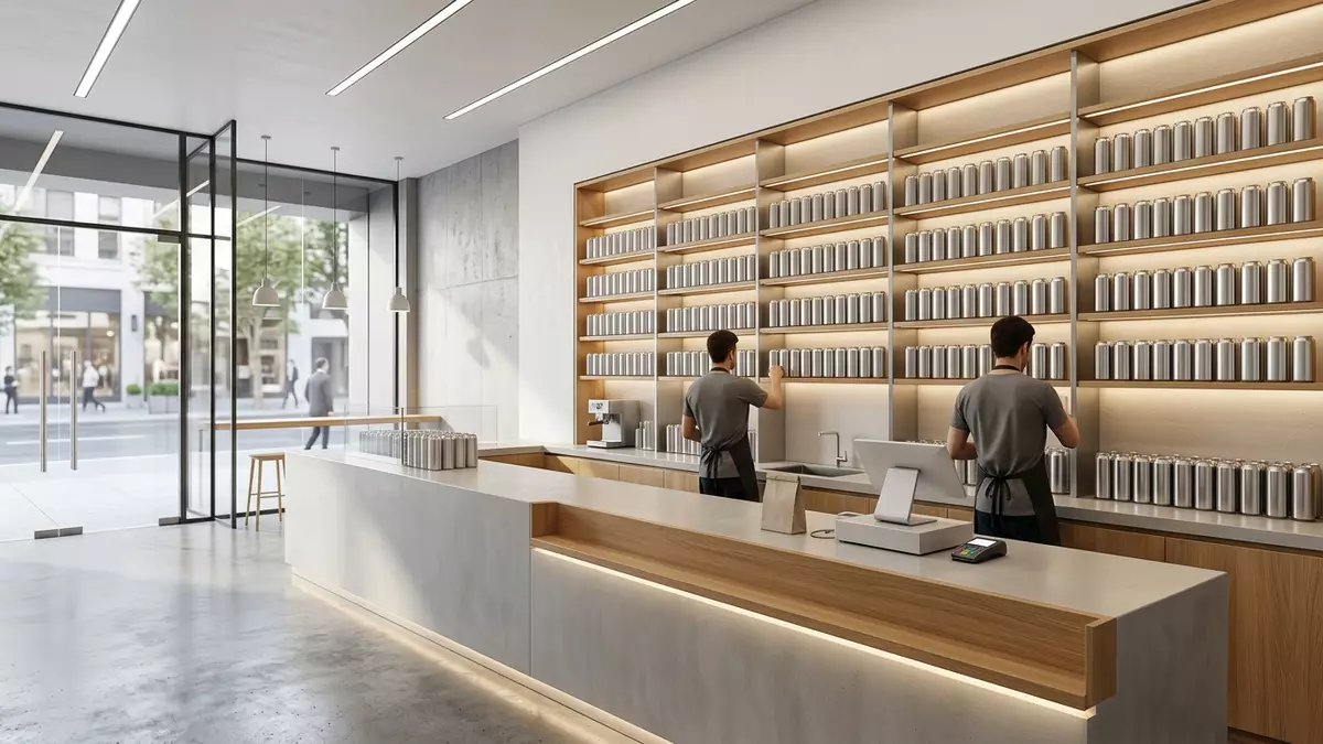 Architektur-Render im Getränkemarkt mit Energy-Drink im Ausstellungsbereich, neutral