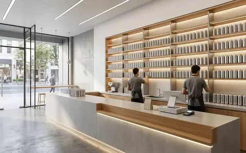 Architektur-Render im Getränkemarkt mit Energy-Drink zum Thema Monster Energy, ISIN US61174X1090, neutrales Tageslicht - Foto: THN