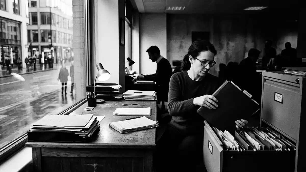Schwarzweiss-Reportagebild mit Dokumentenmappe in dokumentarischer Arbeitsumgebung