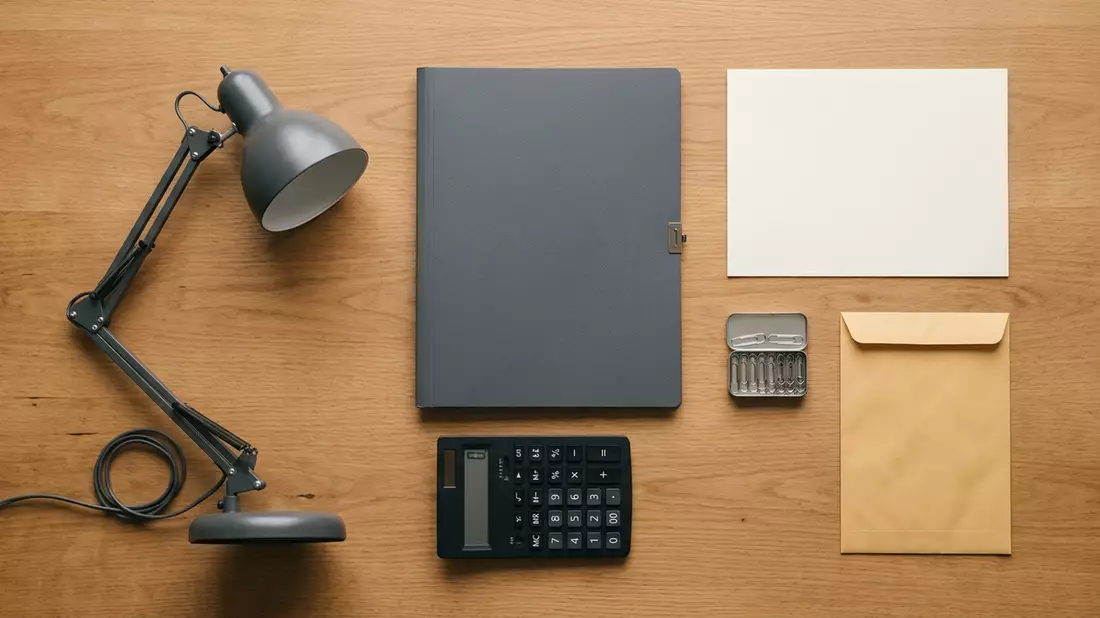 Flatlay-Arrangement rund um Dokumentenmappe mit passenden Requisiten von oben, neutral
