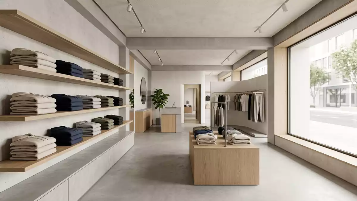 Architektur-Render im Bekleidungsgeschäft mit Kapuzenpullover im Ausstellungsbereich