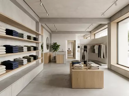 Architektur-Render im Bekleidungsgeschäft mit Kapuzenpullover zum Thema Tommy Hilfiger Hoodie, ISIN US6936561009, neutrales Tageslicht - Foto: THN