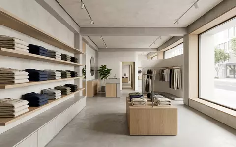 Architektur-Render im BekleidungsgeschÀft mit Kapuzenpullover zum Thema Tommy Hilfiger Hoodie, ISIN US6936561009, neutrales Tageslicht - Foto: THN