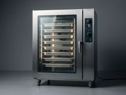 Fotorealistische Studioaufnahme von Kombidämpfer zum Thema Rational iCombi Pro, ISIN DE0007010803, klare Lichtfuehrung - Foto: THN
