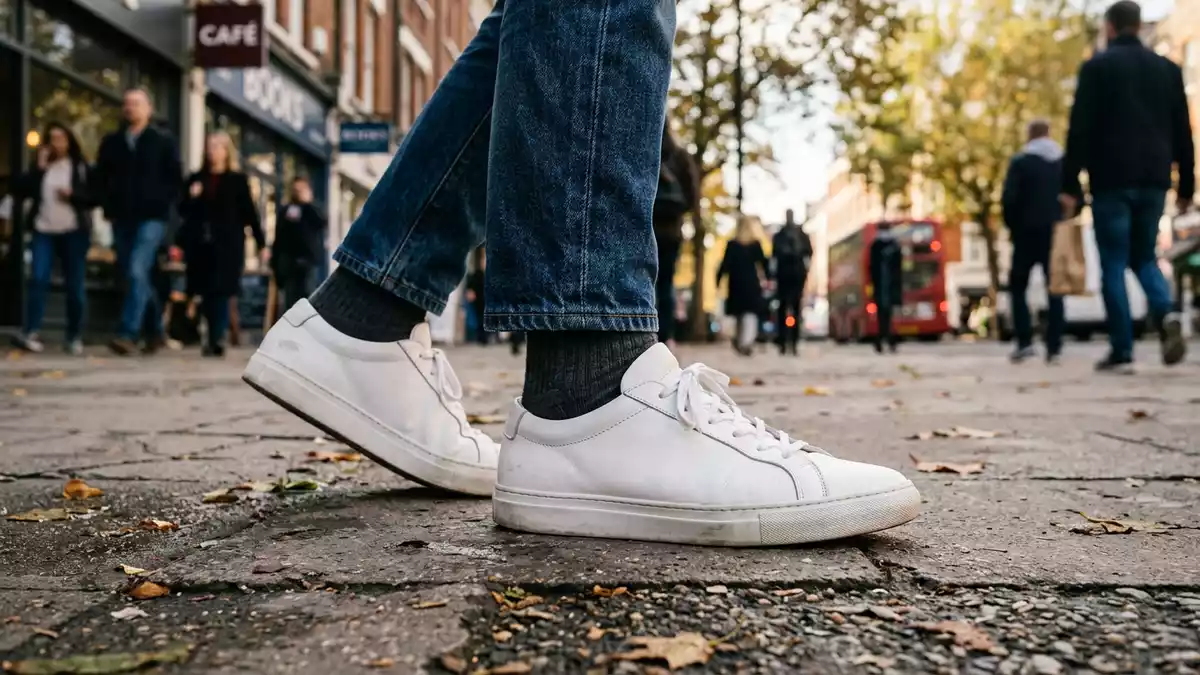 Fotorealistische Ansicht von Ledersneaker im Alltag in realer Umgebung, neutral