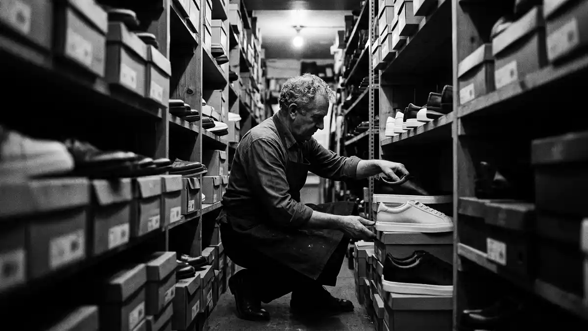 Schwarzweiss-Reportagebild mit Ledersneaker in dokumentarischer Arbeitsumgebung