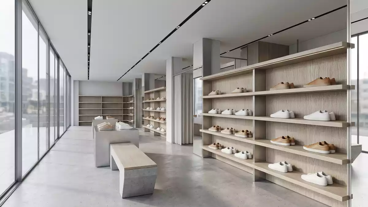 Architektur-Render im Schuhgeschäft mit Ledersneaker im Ausstellungsbereich, neutral