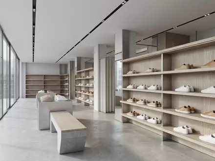 Architektur-Render im Schuhgeschäft mit Ledersneaker zum Thema Puma Cali, ISIN DE0006969603, neutrales Tageslicht - Foto: THN