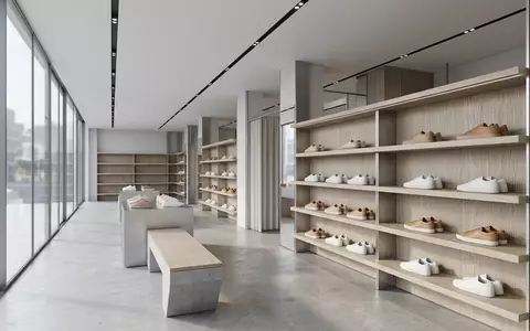 Architektur-Render im Schuhgeschäft mit Ledersneaker zum Thema Puma Cali, ISIN DE0006969603, neutrales Tageslicht - Foto: THN