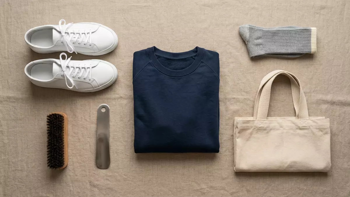 Flatlay-Arrangement rund um Ledersneaker mit passenden Requisiten von oben, neutral
