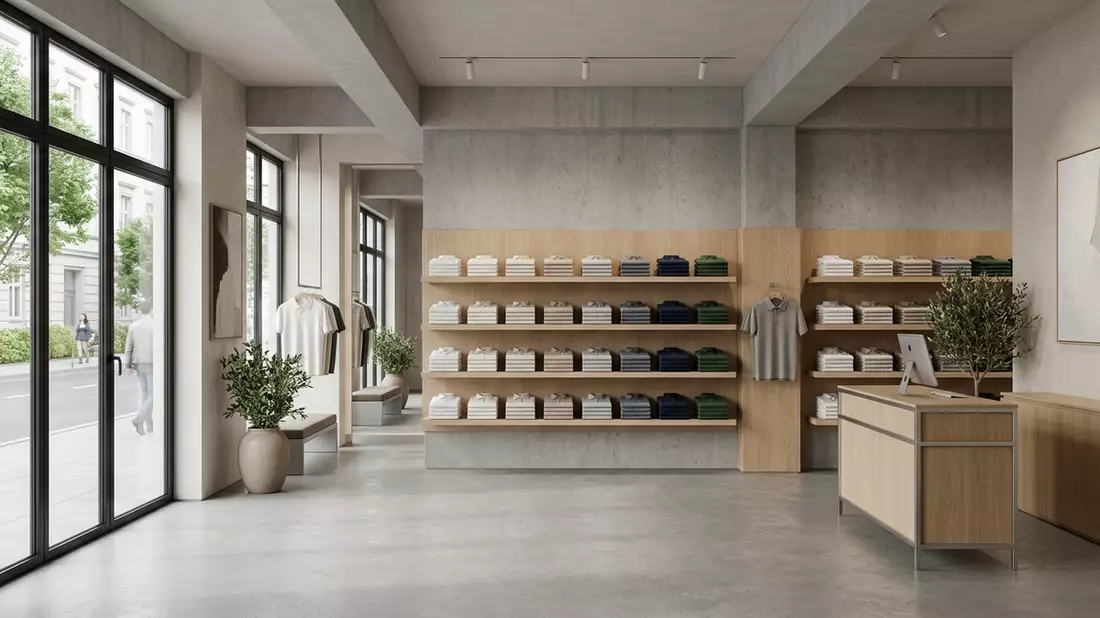 Architektur-Render im Bekleidungsgeschäft mit Kurzarm-Kragenhemd im Ausstellungsbereich