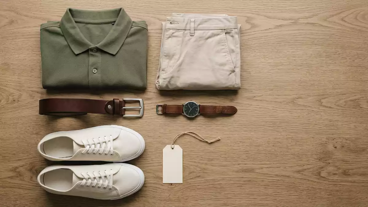 Flatlay-Arrangement rund um Kurzarm-Kragenhemd mit passenden Requisiten von oben