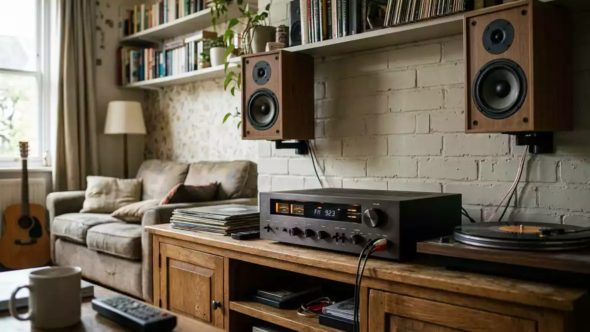 Fotorealistische Ansicht von Stereo-Receiver im Wohnzimmer in realer Umgebung, neutral